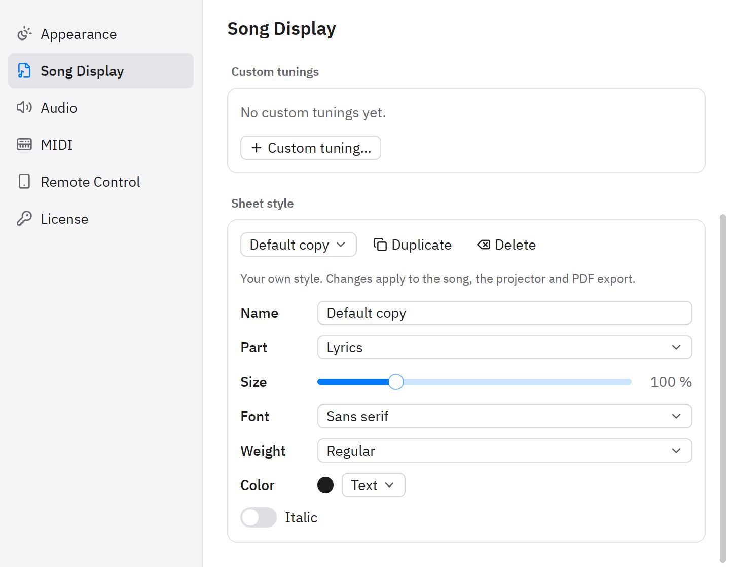 Settings, Song Display: the sheet style editor on a copy of the Default style, with Name, Part, Size, Font, Weight, Color and Italic