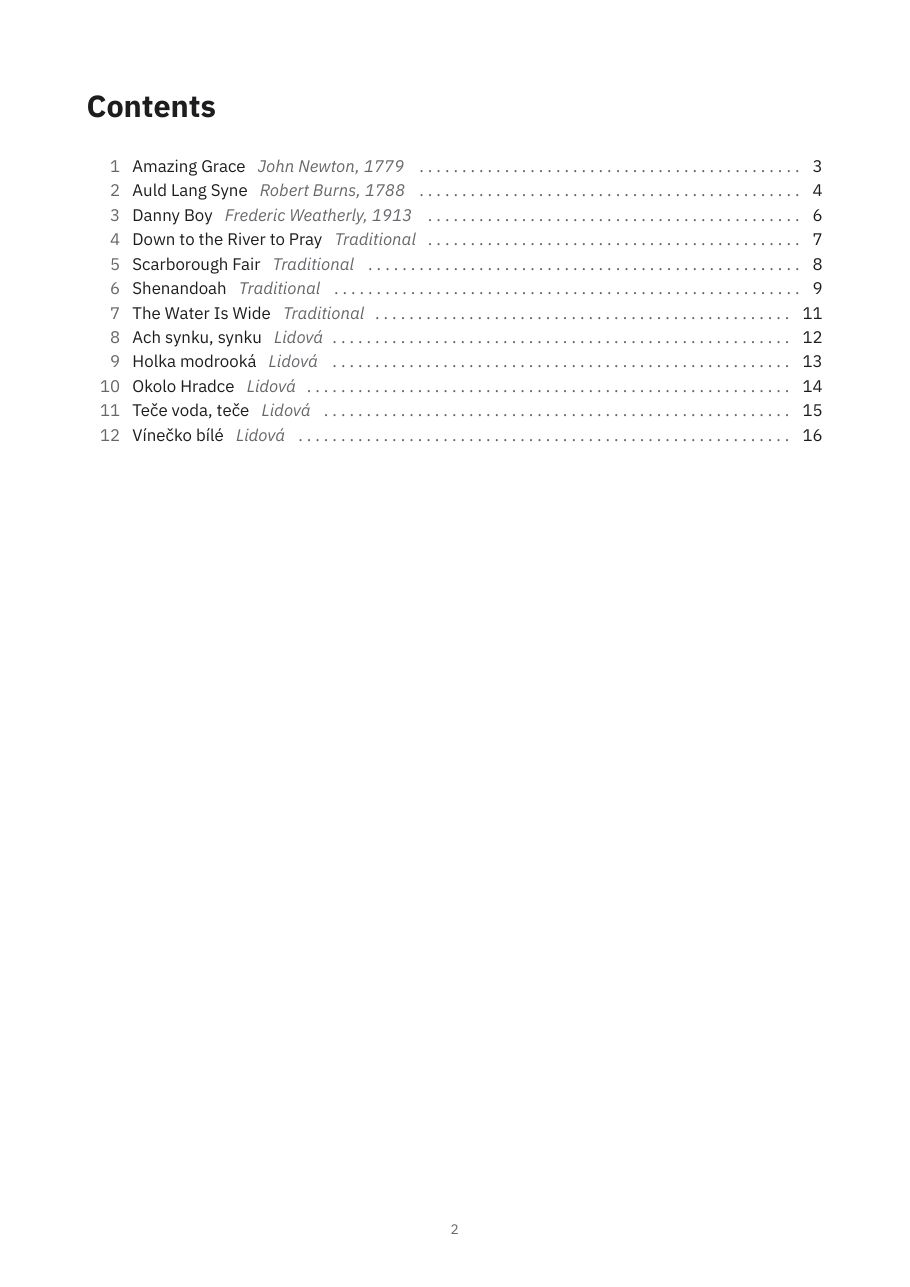 The contents page of an exported songbook PDF: twelve songs with their artists and page numbers