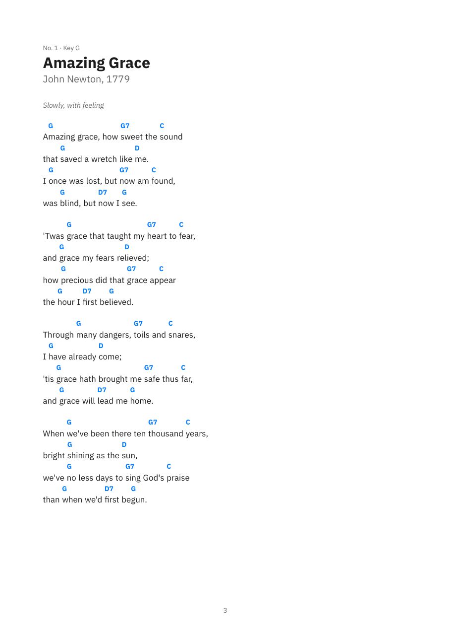 A song page of the exported PDF: Amazing Grace with the chords in blue above the words