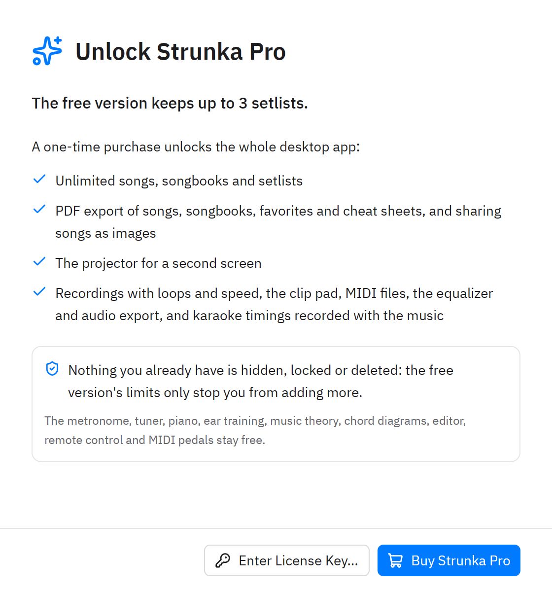 The Unlock Strunka Pro window in the free version, shown after trying to add a fourth setlist: “The free version keeps up to 3 setlists.” It lists what Pro unlocks and offers Enter License Key… and Buy Strunka Pro.