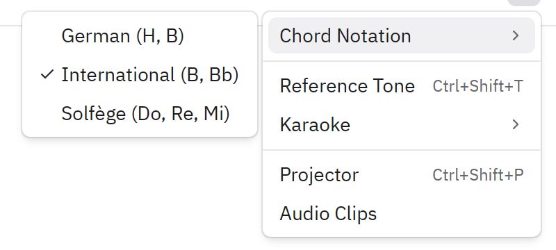 O menu … no Strunka com o submenu Notação de acordes aberto: Alemã (H, B), Internacional (B, Bb) e Solfejo (Do, Re, Mi), com uma marca de verificação na ativa.